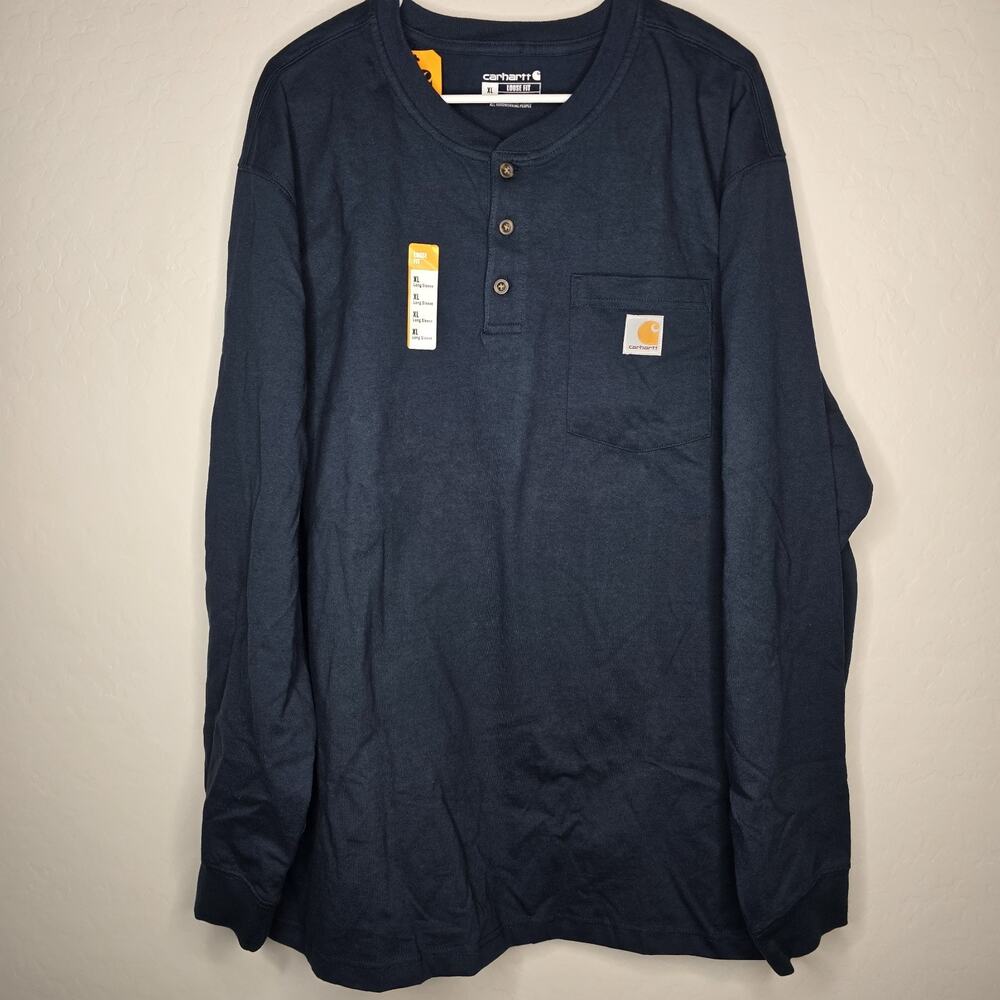 Carhartt Men's XL Loose Fit Long Sleeve Henley Shirt Navy Blue Pocket Logo NWT